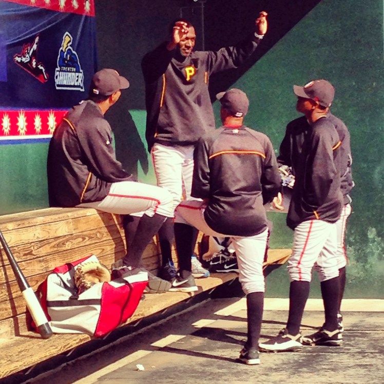 Jose Contreras has some story time before the game in Harrisburg